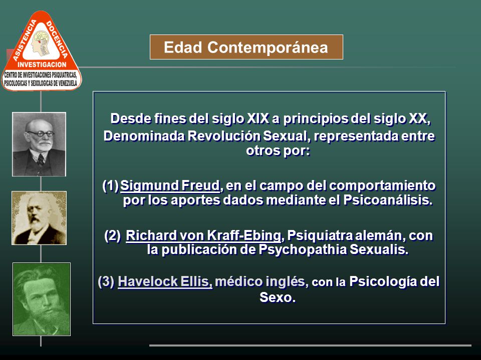Edad Contemporánea Desde fines del siglo XIX a principios del siglo XX, Denominada Revolución Sexual, representada entre otros por: