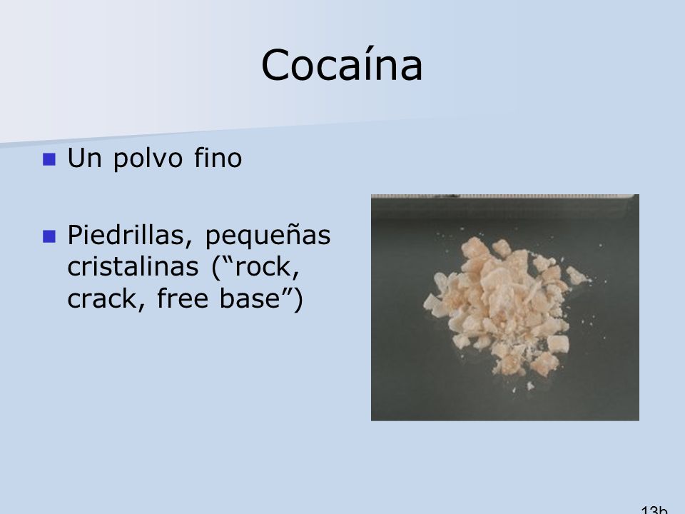 Cocaína Un polvo fino Piedrillas, pequeñas cristalinas ( rock, crack, free base ) 13b