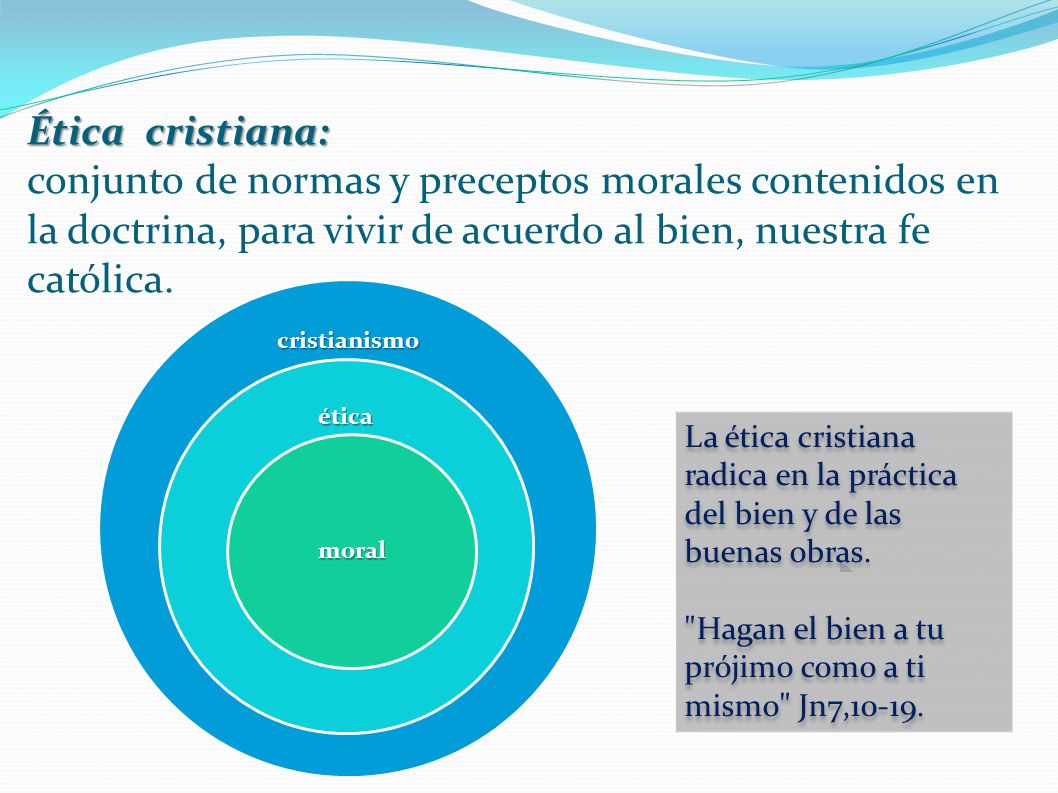 Ética cristiana: conjunto de normas y preceptos morales contenidos en la doctrina, para vivir de acuerdo al bien, nuestra fe católica.