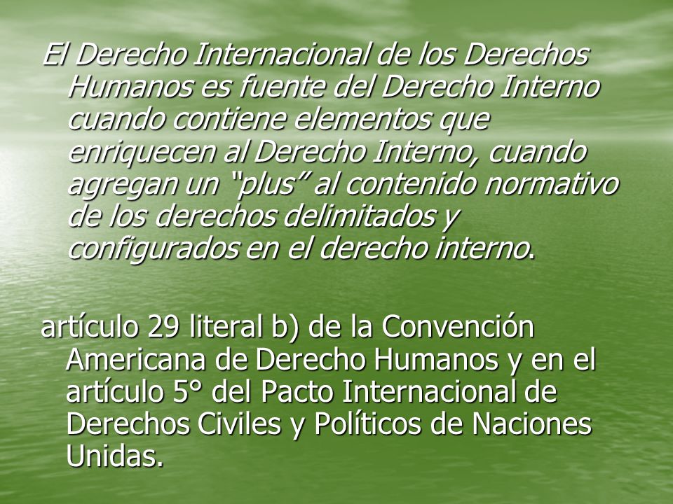 El Derecho Internacional de los Derechos Humanos es fuente del Derecho Interno cuando contiene elementos que enriquecen al Derecho Interno, cuando agregan un plus al contenido normativo de los derechos delimitados y configurados en el derecho interno.