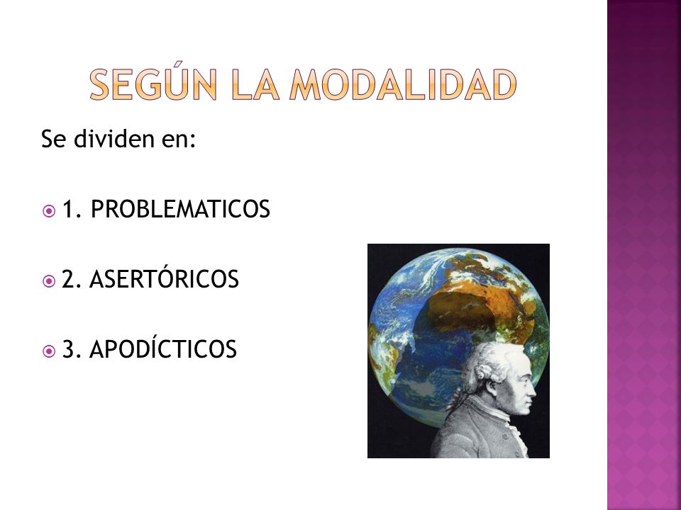 Según la MODALIDAD Se dividen en: 1. PROBLEMATICOS 2. ASERTÓRICOS