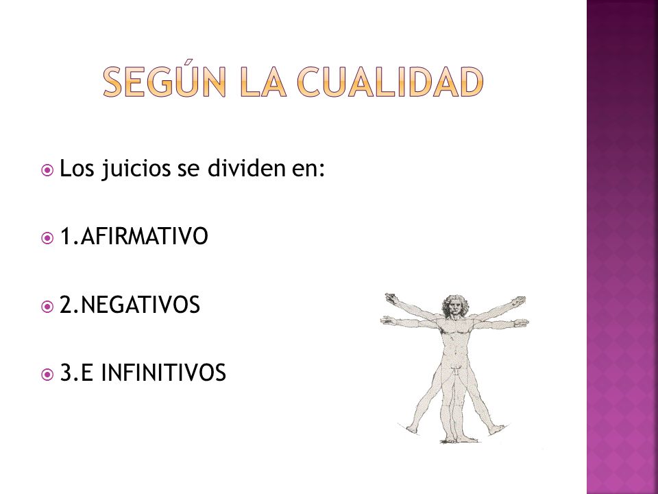 Según la CUALIDAD Los juicios se dividen en: 1.AFIRMATIVO 2.NEGATIVOS