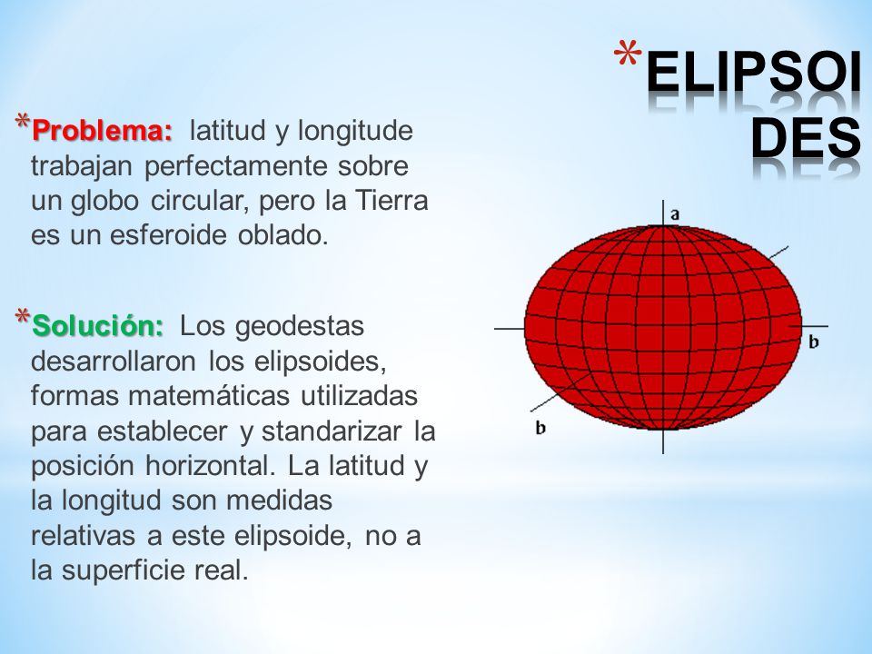ELIPSOIDES Problema: latitud y longitude trabajan perfectamente sobre un globo circular, pero la Tierra es un esferoide oblado.