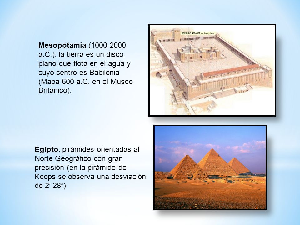 Mesopotamia ( a.C.): la tierra es un disco plano que flota en el agua y cuyo centro es Babilonia (Mapa 600 a.C. en el Museo Británico).