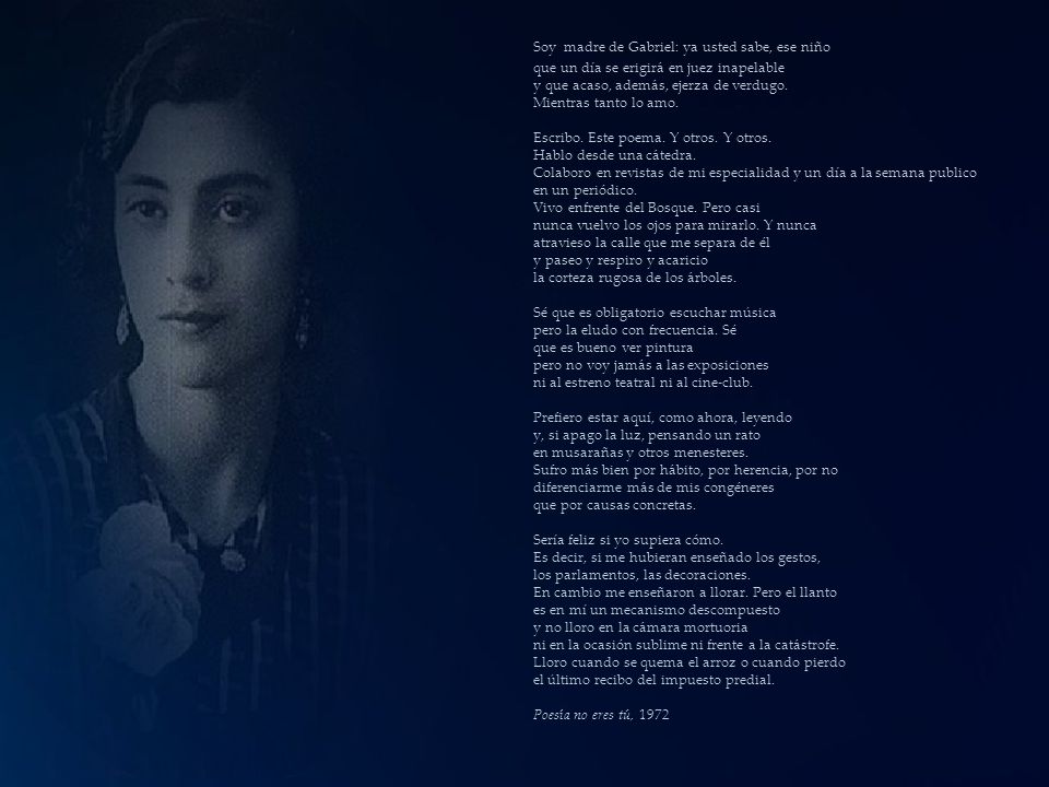 Soy madre de Gabriel: ya usted sabe, ese niño que un día se erigirá en juez inapelable y que acaso, además, ejerza de verdugo. Mientras tanto lo amo.