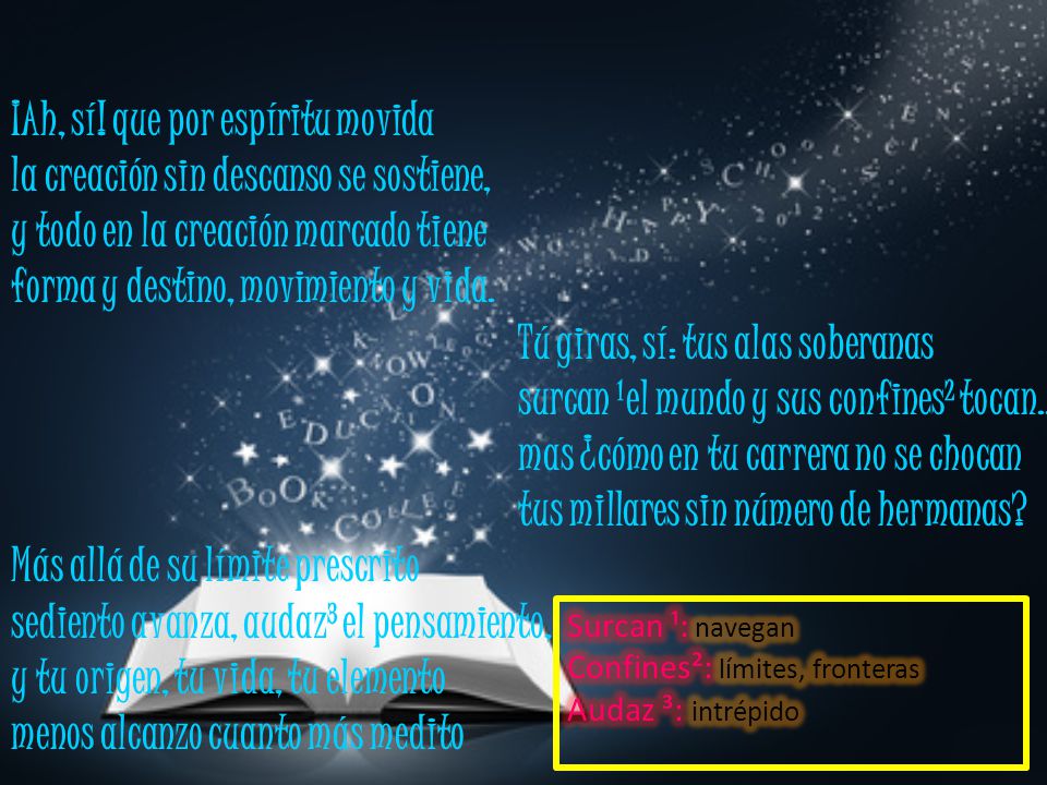 ¡Ah, sí! que por espíritu movida la creación sin descanso se sostiene, y todo en la creación marcado tiene forma y destino, movimiento y vida. Tú giras, sí: tus alas soberanas surcan ¹el mundo y sus confines² tocan... mas ¿cómo en tu carrera no se chocan tus millares sin número de hermanas Más allá de su límite prescrito sediento avanza, audaz³ el pensamiento, y tu origen, tu vida, tu elemento menos alcanzo cuanto más medito