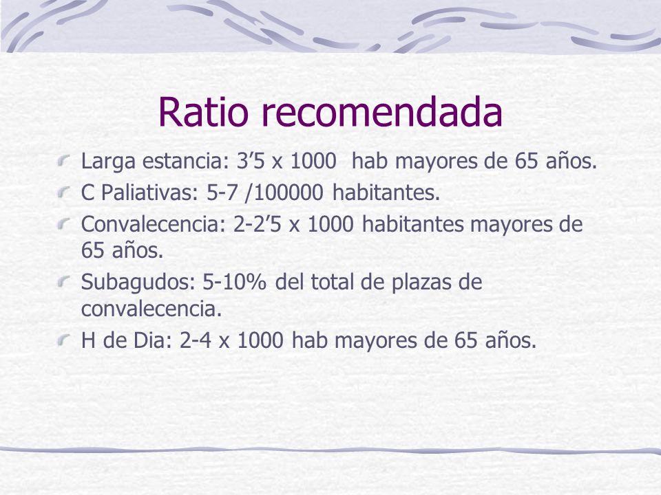 Ratio recomendada Larga estancia: 3’5 x 1000 hab mayores de 65 años.