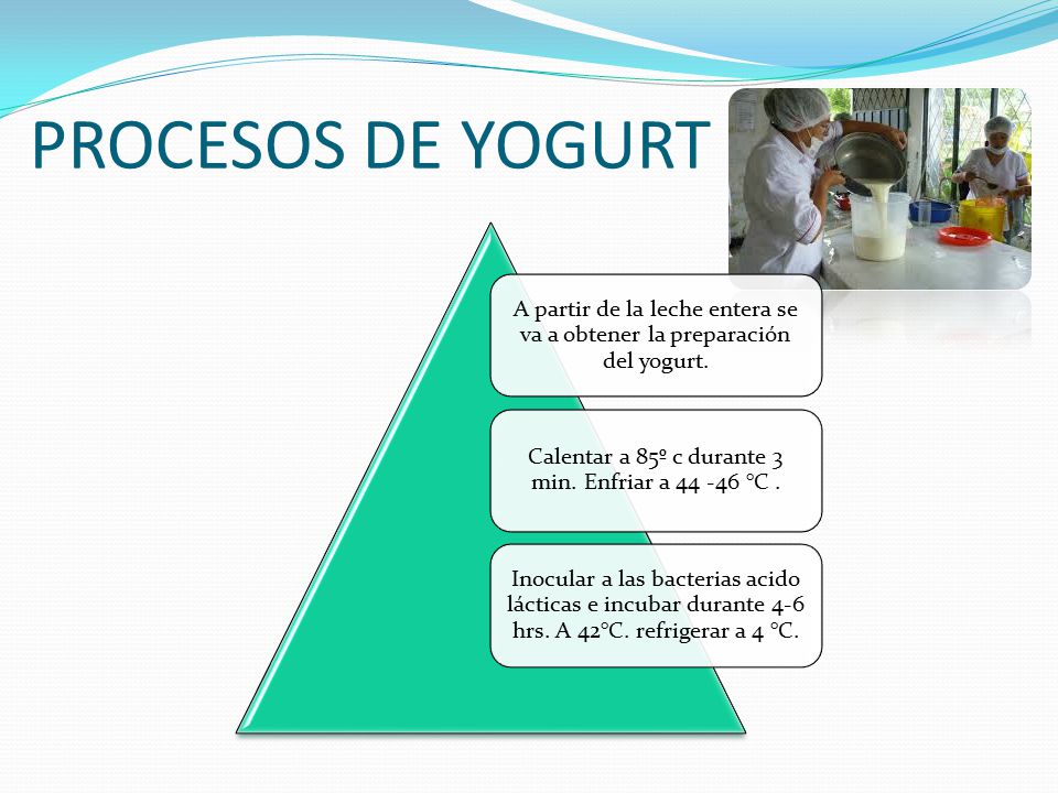 PROCESOS DE YOGURT A partir de la leche entera se va a obtener la preparación del yogurt. Calentar a 85º c durante 3 min. Enfriar a °C .