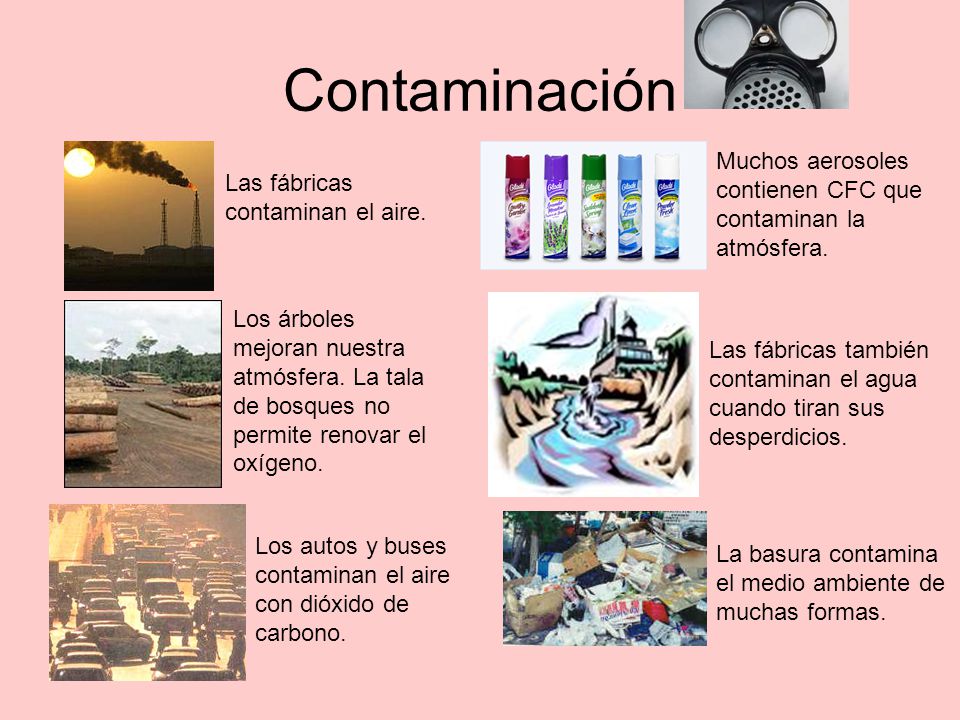 Contaminación Muchos aerosoles contienen CFC que contaminan la atmósfera. Las fábricas contaminan el aire.