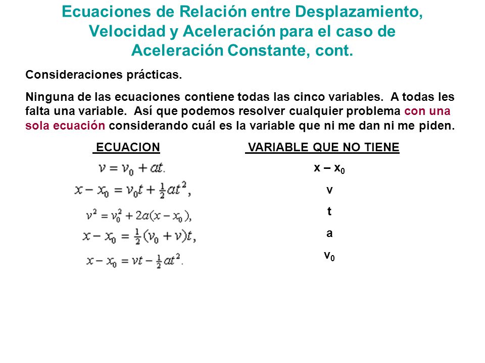 Ecuaciones de Relación entre Desplazamiento, Velocidad y Aceleración para el caso de Aceleración Constante, cont.