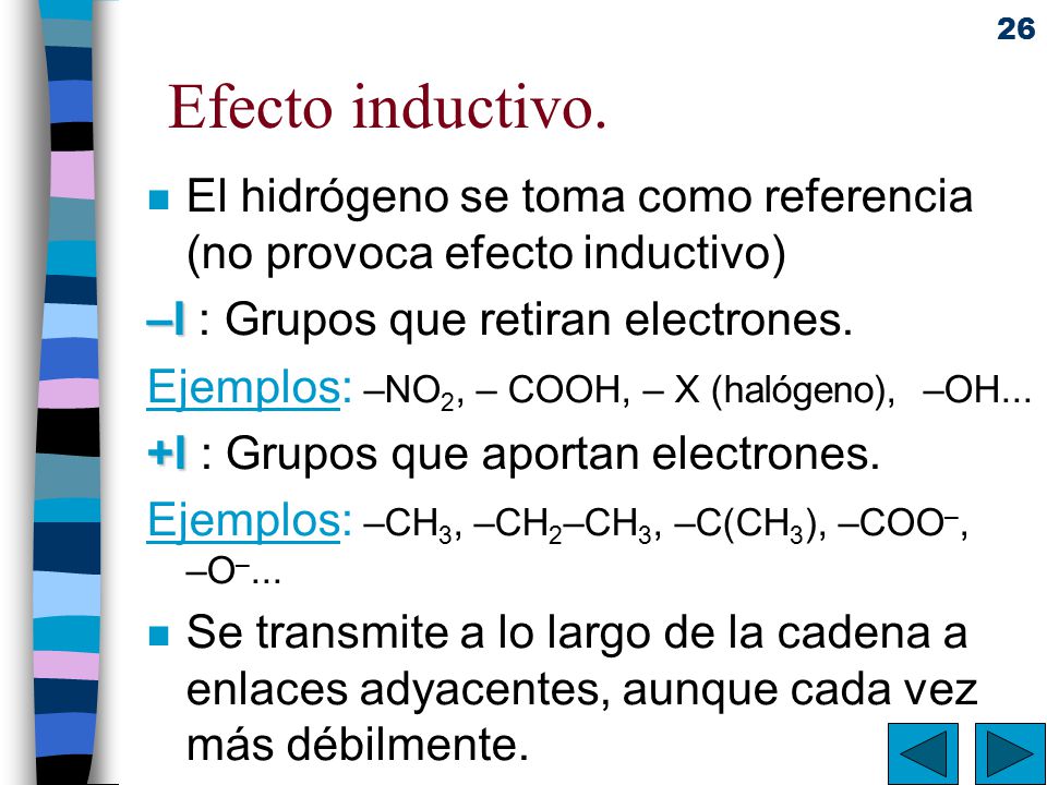 Efecto inductivo. El hidrógeno se toma como referencia (no provoca efecto inductivo) –I : Grupos que retiran electrones.