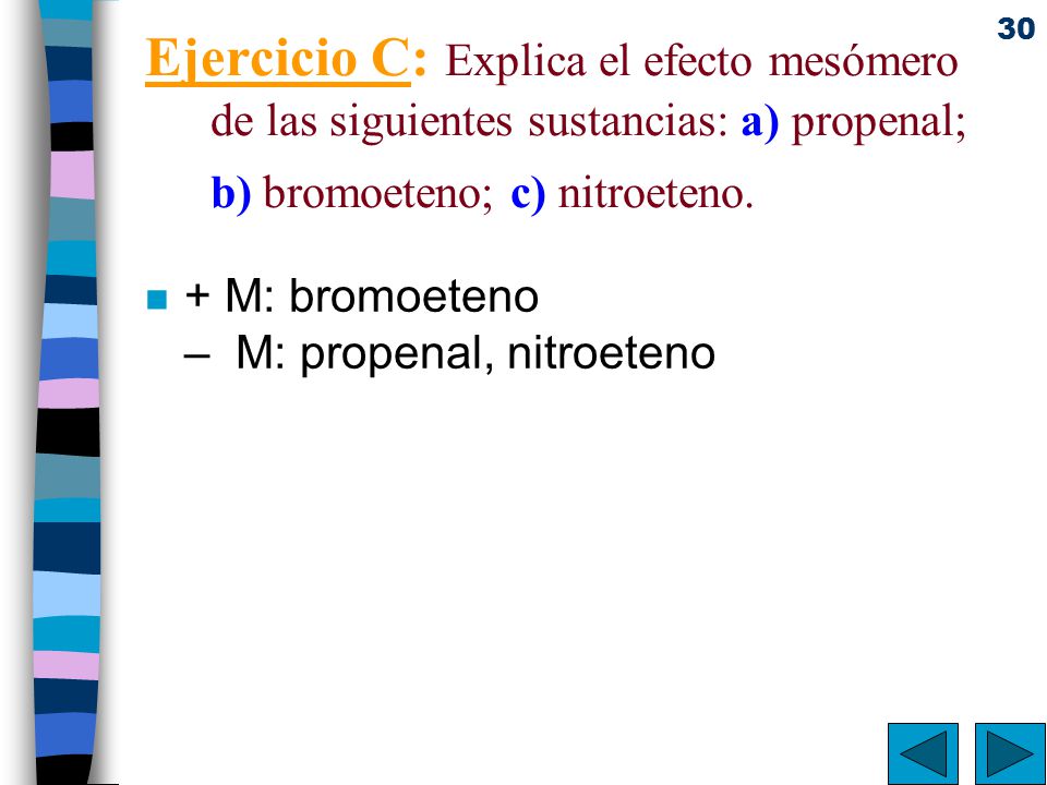 Ejercicio C: Explica el efecto mesómero de las siguientes sustancias: a) propenal; b) bromoeteno; c) nitroeteno.