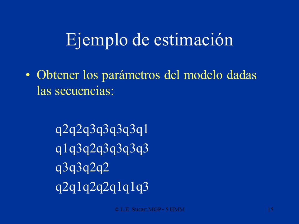 Ejemplo de estimación Obtener los parámetros del modelo dadas las secuencias: q2q2q3q3q3q3q1. q1q3q2q3q3q3q3.