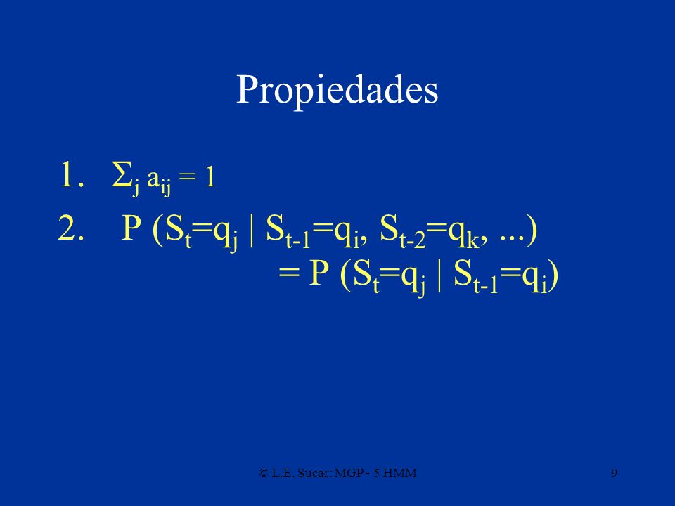 Propiedades Sj aij = 1. P (St=qj | St-1=qi, St-2=qk, ...) = P (St=qj | St-1=qi)