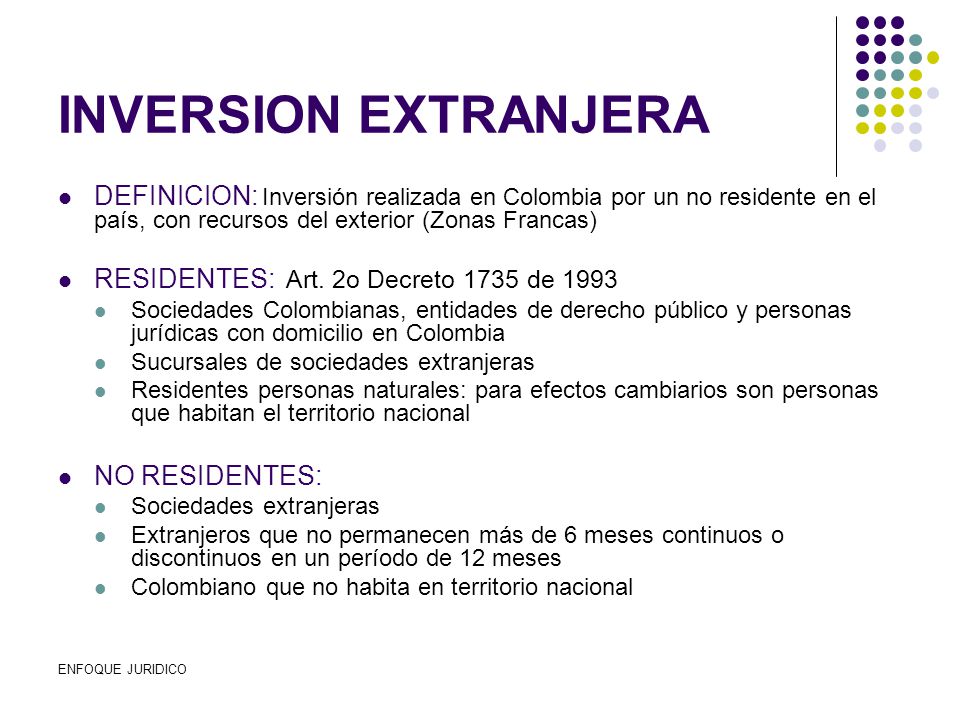 INVERSION EXTRANJERA DEFINICION: Inversión realizada en Colombia por un no residente en el país, con recursos del exterior (Zonas Francas)