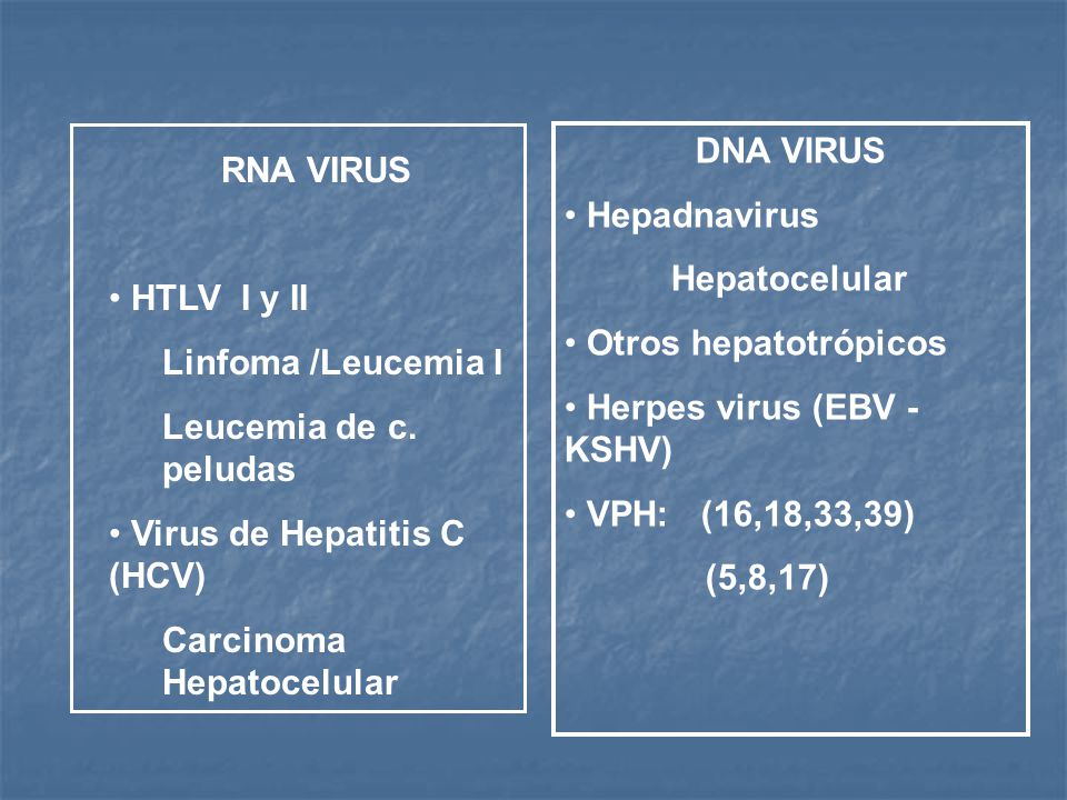 DNA VIRUS Hepadnavirus. Hepatocelular. Otros hepatotrópicos. Herpes virus (EBV - KSHV) VPH: (16,18,33,39)