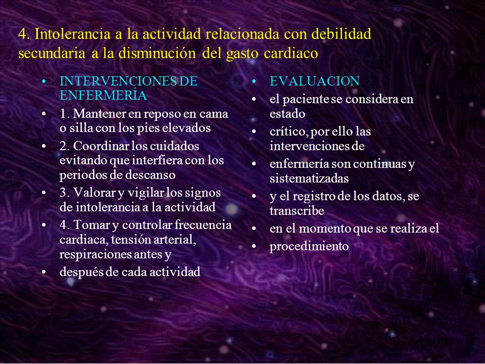 4. Intolerancia a la actividad relacionada con debilidad secundaria a la disminución del gasto cardiaco