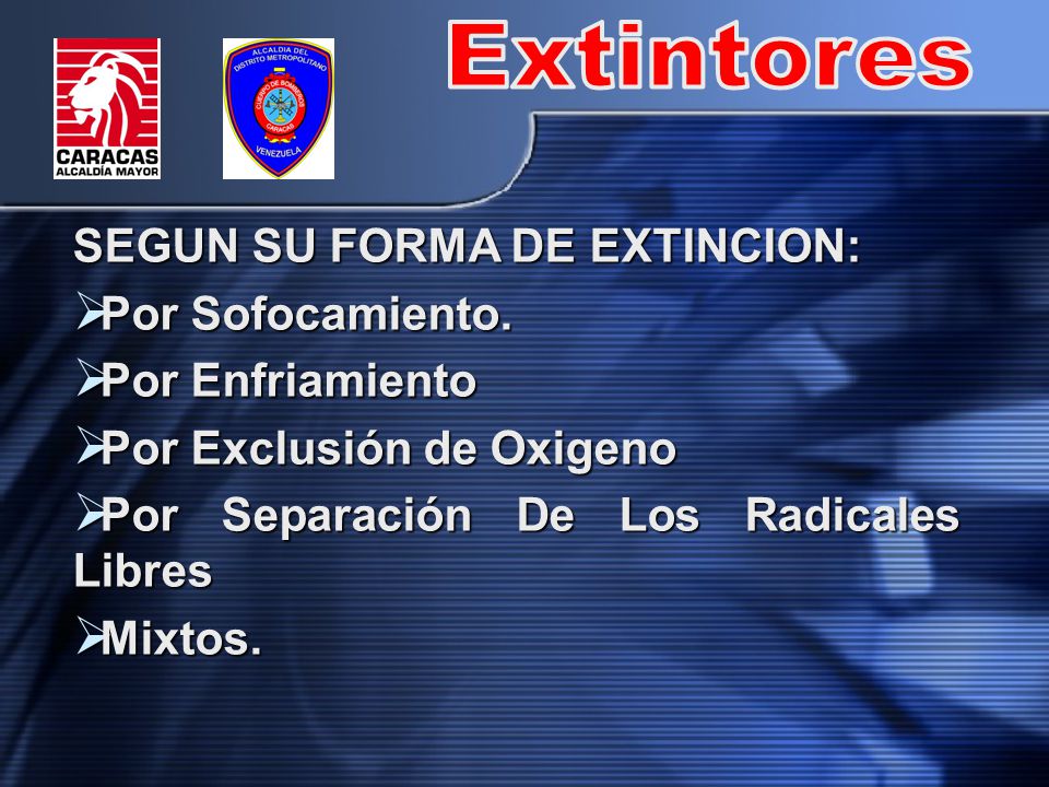Extintores SEGUN SU FORMA DE EXTINCION: Por Sofocamiento.
