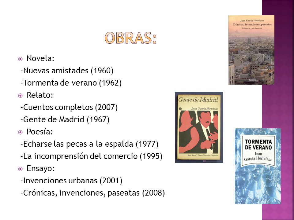 Obras: Novela: -Nuevas amistades (1960) -Tormenta de verano (1962)