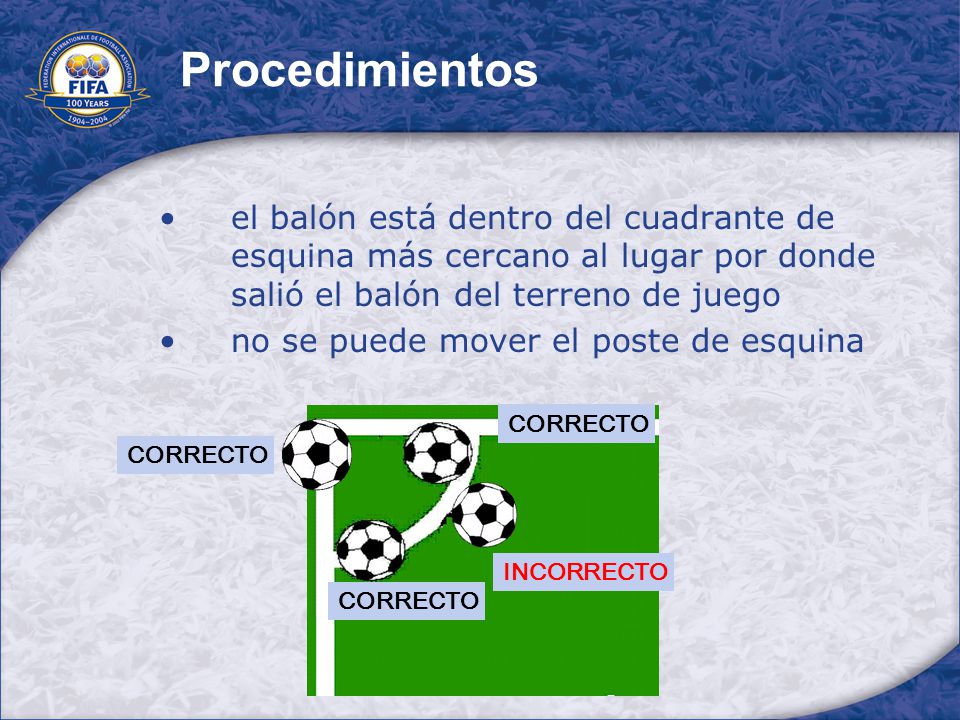 Procedimientos el balón está dentro del cuadrante de esquina más cercano al lugar por donde salió el balón del terreno de juego.