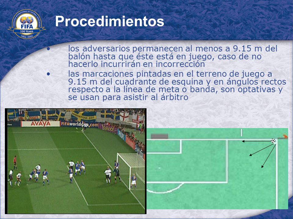 Procedimientos los adversarios permanecen al menos a 9.15 m del balón hasta que éste está en juego, caso de no hacerlo incurrirán en incorrección.