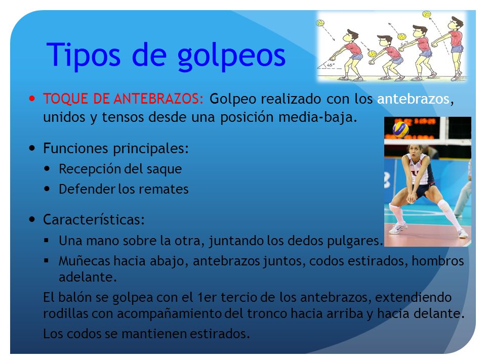Tipos de golpeos TOQUE DE ANTEBRAZOS: Golpeo realizado con los antebrazos, unidos y tensos desde una posición media-baja.