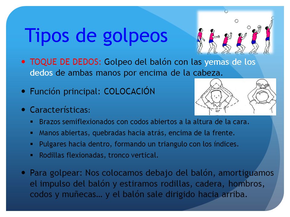 Tipos de golpeos TOQUE DE DEDOS: Golpeo del balón con las yemas de los dedos de ambas manos por encima de la cabeza.