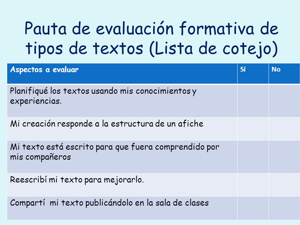 Pauta de evaluación formativa de tipos de textos (Lista de cotejo)