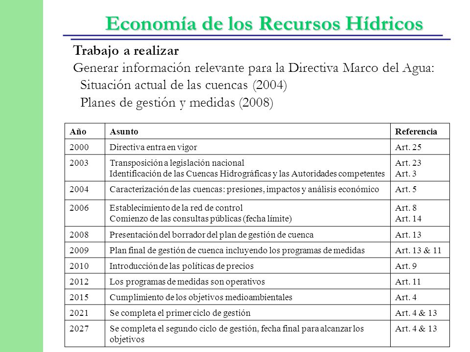 Generar información relevante para la Directiva Marco del Agua: