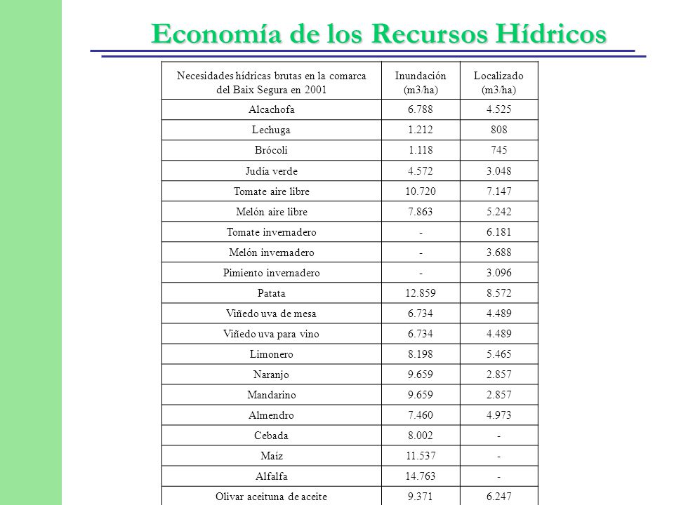 Necesidades hídricas brutas en la comarca del Baix Segura en 2001