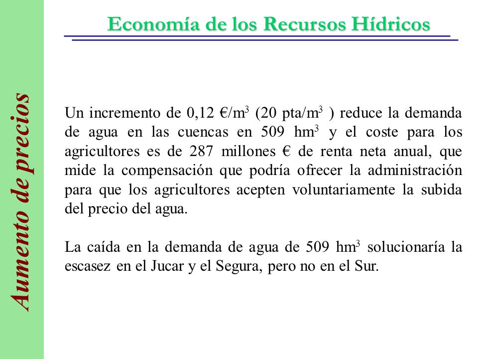Un incremento de 0,12 €/m3 (20 pta/m3 ) reduce la demanda de agua en las cuencas en 509 hm3 y el coste para los agricultores es de 287 millones € de renta neta anual, que mide la compensación que podría ofrecer la administración para que los agricultores acepten voluntariamente la subida del precio del agua.