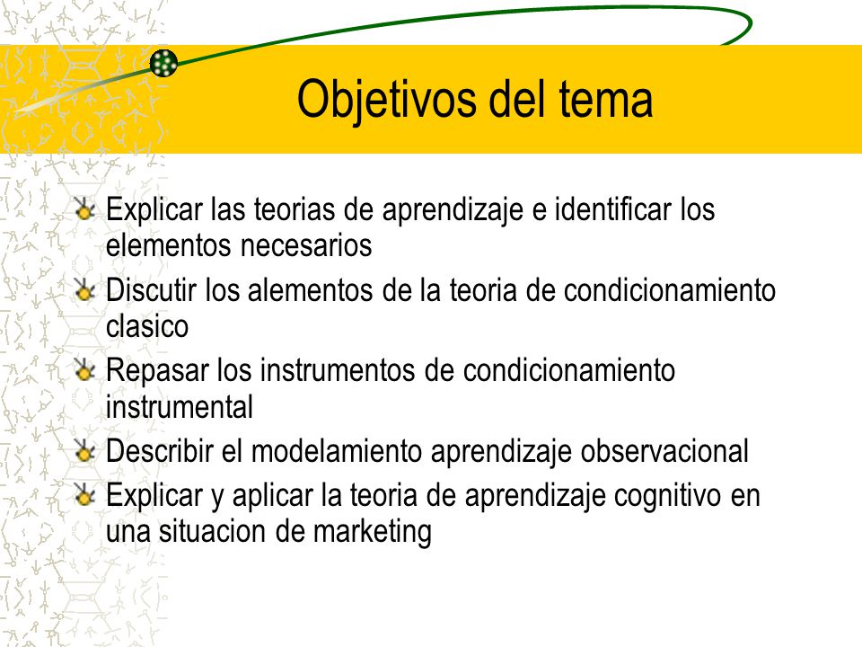 Objetivos del tema Explicar las teorias de aprendizaje e identificar los elementos necesarios.