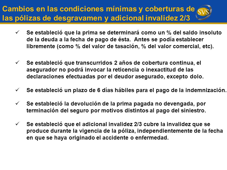 Cambios en las condiciones mínimas y coberturas de las pólizas de desgravamen y adicional invalidez 2/3
