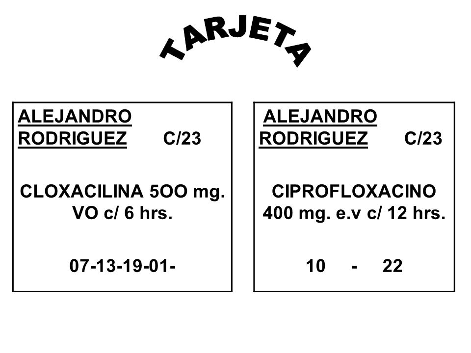 CLOXACILINA 5OO mg. VO c/ 6 hrs. CIPROFLOXACINO 400 mg. e.v c/ 12 hrs.
