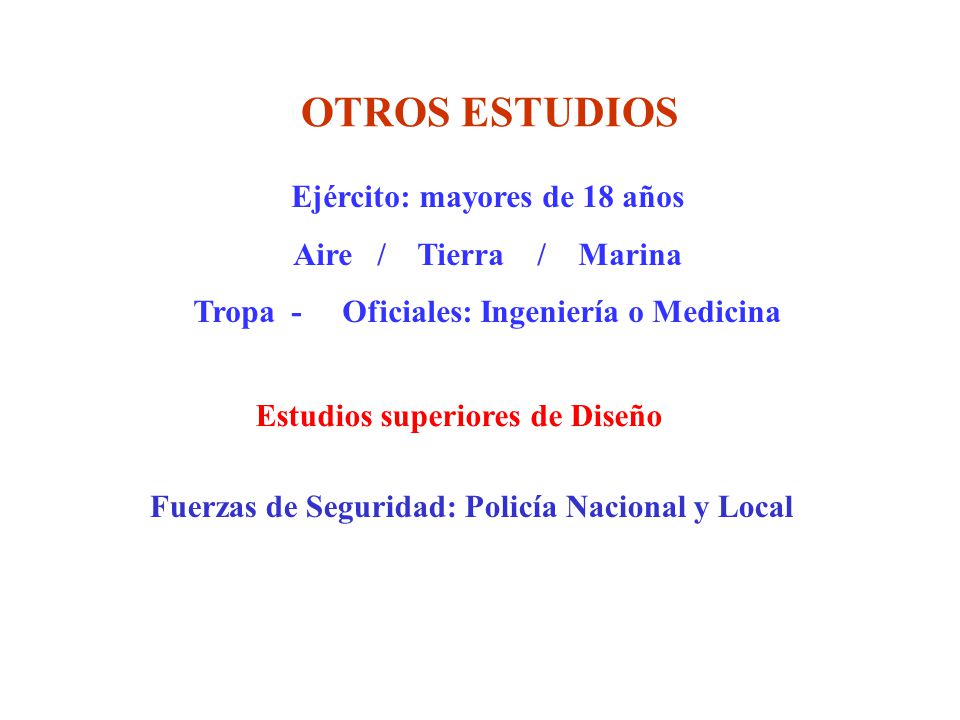 Ejército: mayores de 18 años Tropa - Oficiales: Ingeniería o Medicina