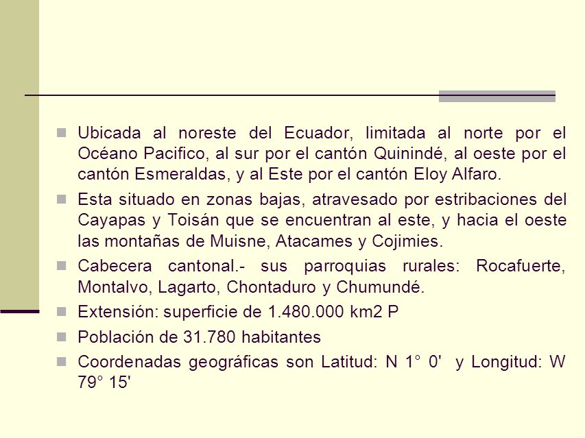 Ubicada al noreste del Ecuador, limitada al norte por el Océano Pacifico, al sur por el cantón Quinindé, al oeste por el cantón Esmeraldas, y al Este por el cantón Eloy Alfaro.