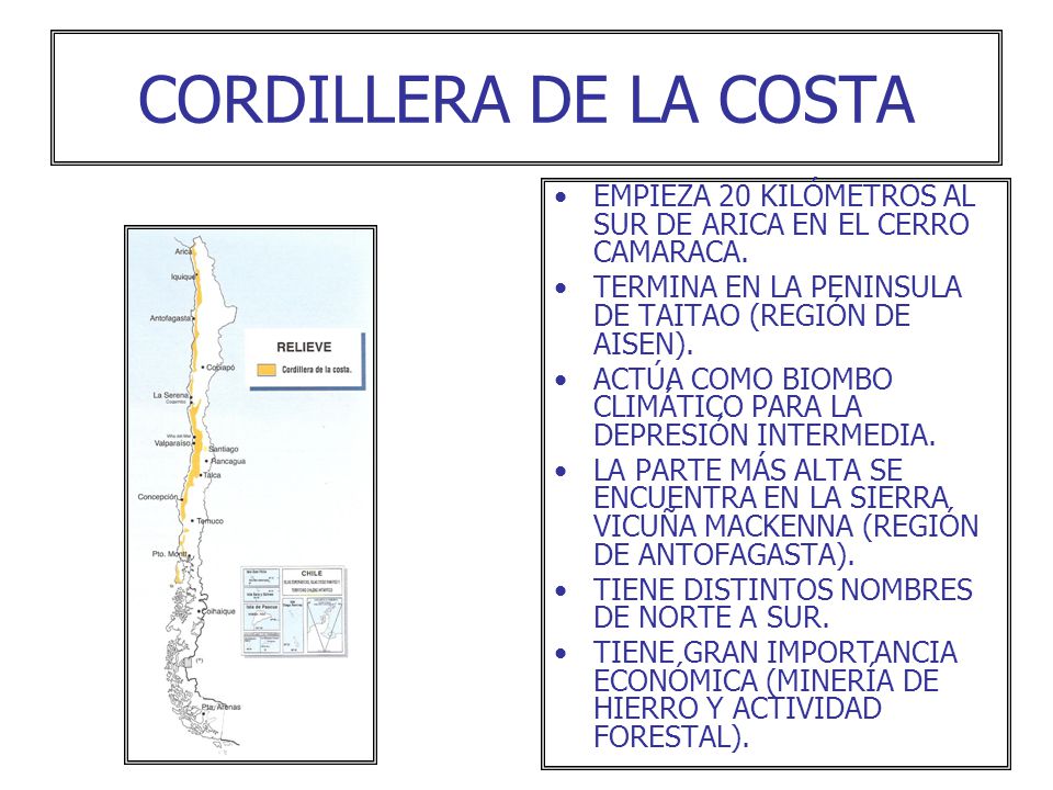 CORDILLERA DE LA COSTA EMPIEZA 20 KILÓMETROS AL SUR DE ARICA EN EL CERRO CAMARACA. TERMINA EN LA PENINSULA DE TAITAO (REGIÓN DE AISEN).