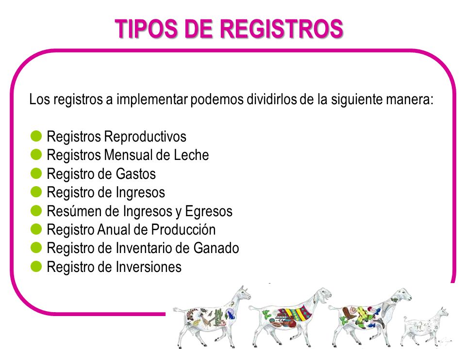 TIPOS DE REGISTROS Los registros a implementar podemos dividirlos de la siguiente manera: Registros Reproductivos.