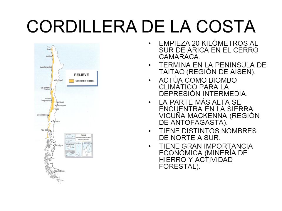 CORDILLERA DE LA COSTA EMPIEZA 20 KILÓMETROS AL SUR DE ARICA EN EL CERRO CAMARACA. TERMINA EN LA PENINSULA DE TAITAO (REGIÓN DE AISEN).