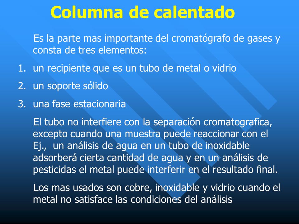 Columna de calentado Es la parte mas importante del cromatógrafo de gases y consta de tres elementos: