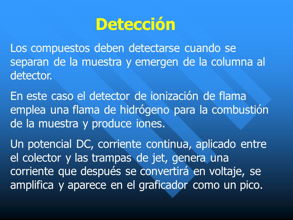 Detección Los compuestos deben detectarse cuando se separan de la muestra y emergen de la columna al detector.