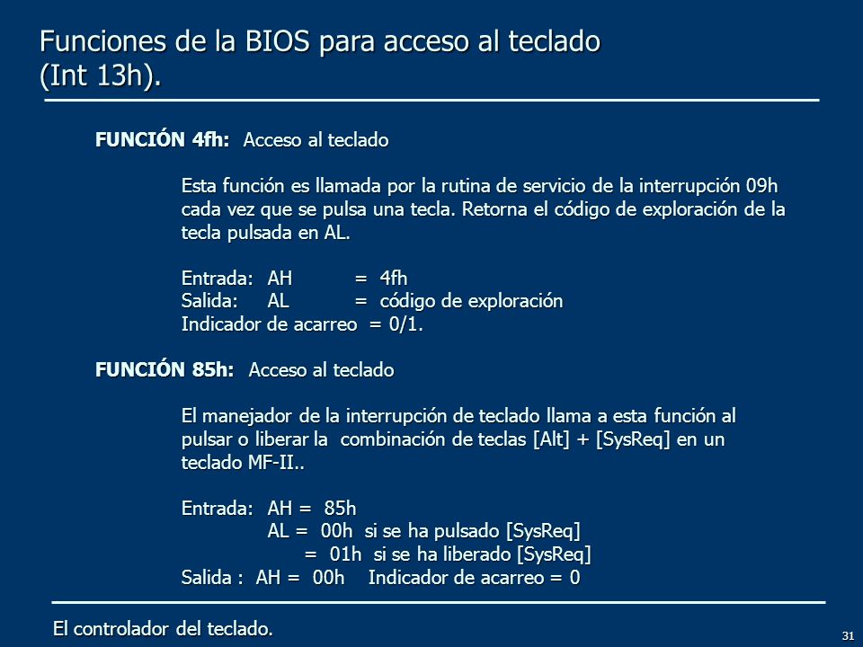 Funciones de la BIOS para acceso al teclado (Int 13h).