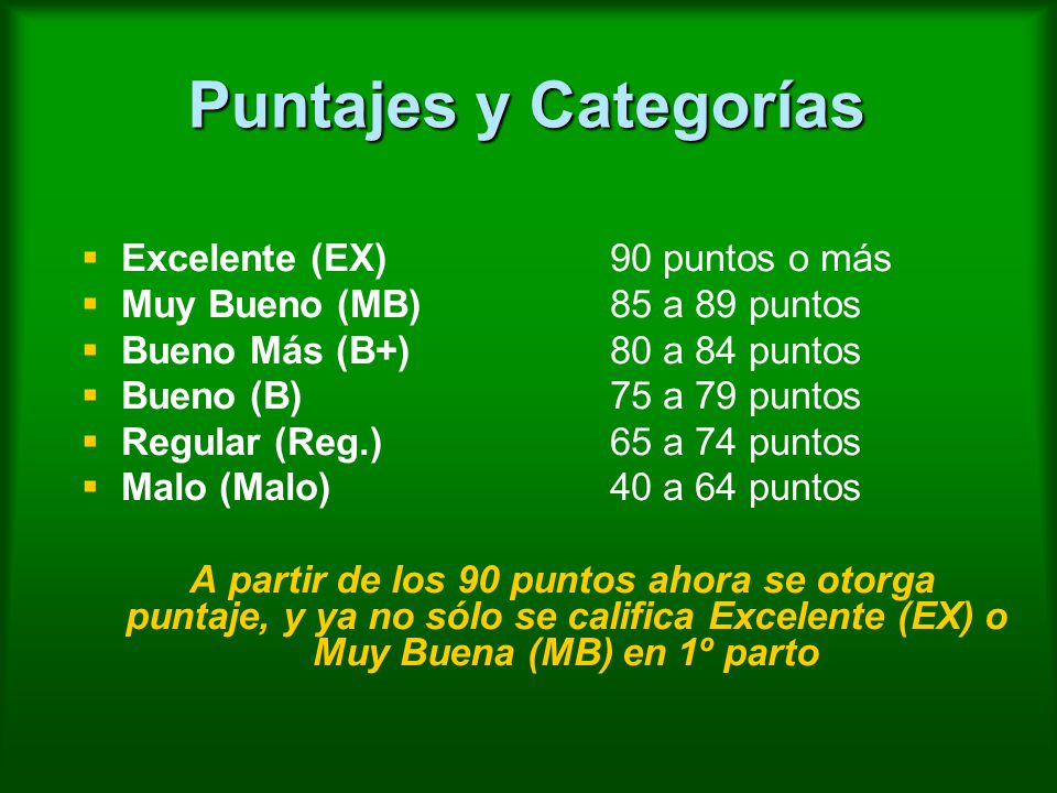 Puntajes y Categorías Excelente (EX) 90 puntos o más