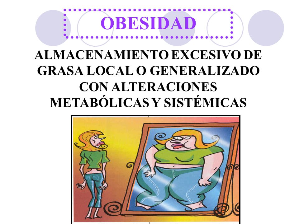 OBESIDAD ALMACENAMIENTO EXCESIVO DE GRASA LOCAL O GENERALIZADO CON ALTERACIONES METABÓLICAS Y SISTÉMICAS.