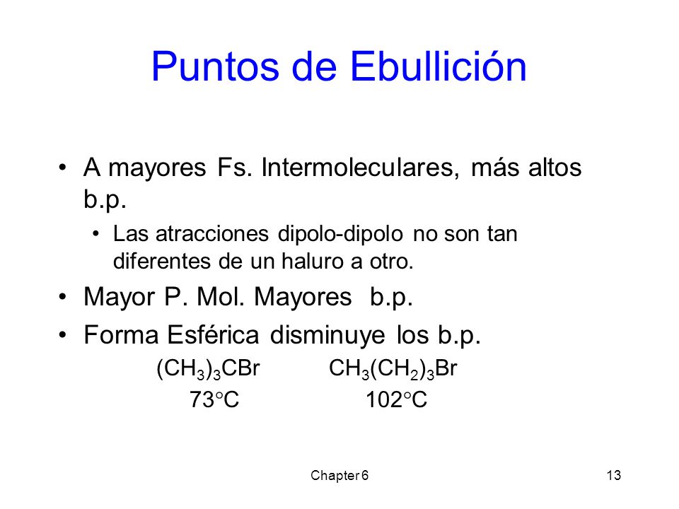 Puntos de Ebullición A mayores Fs. Intermoleculares, más altos b.p.