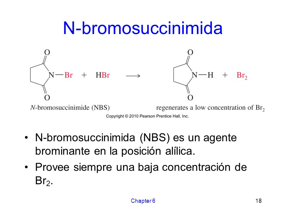 N-bromosuccinimida N-bromosuccinimida (NBS) es un agente brominante en la posición alílica. Provee siempre una baja concentración de Br2.