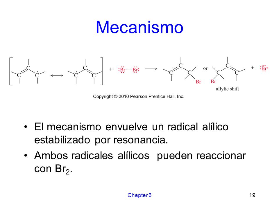 Mecanismo El mecanismo envuelve un radical alílico estabilizado por resonancia. Ambos radicales alílicos pueden reaccionar con Br2.