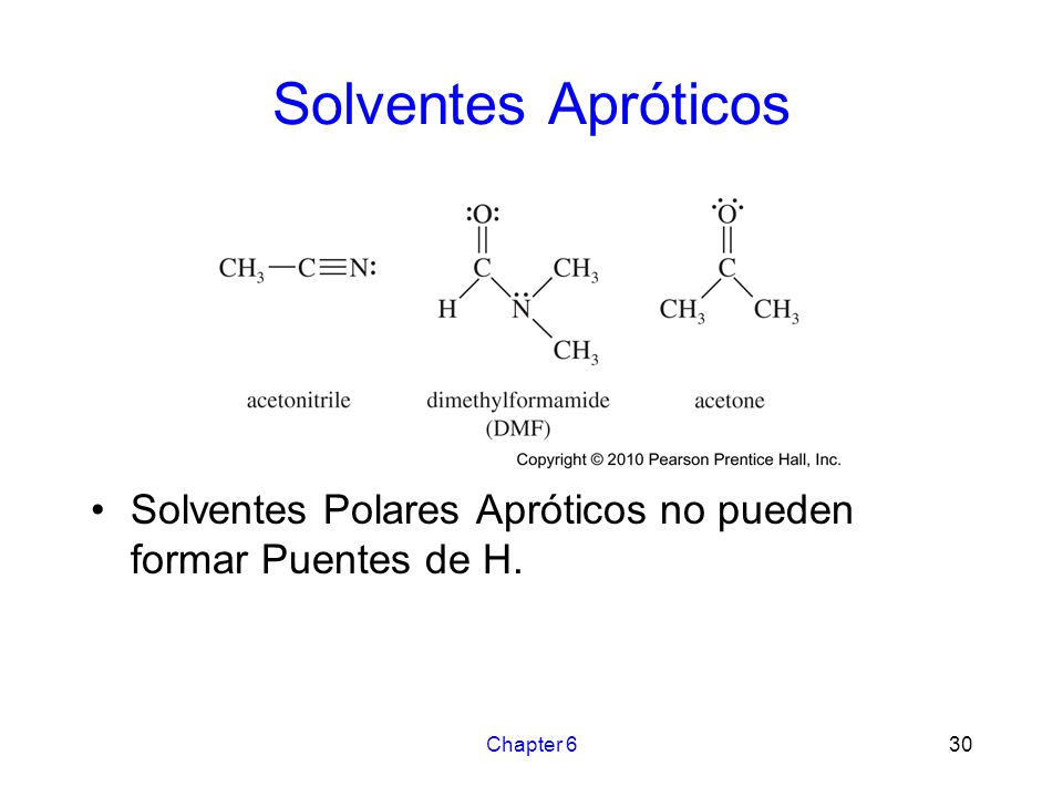 Solventes Apróticos Solventes Polares Apróticos no pueden formar Puentes de H. Chapter 6