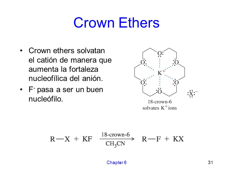 Crown Ethers Crown ethers solvatan el catión de manera que aumenta la fortaleza nucleofílica del anión.