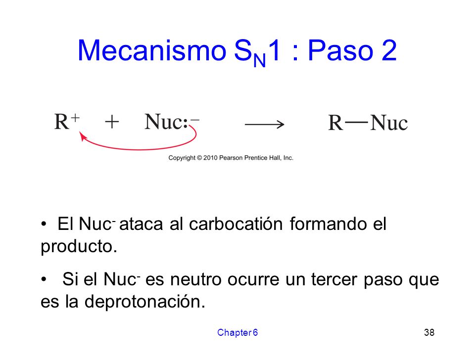 Mecanismo SN1 : Paso 2 El Nuc- ataca al carbocatión formando el producto. Si el Nuc- es neutro ocurre un tercer paso que es la deprotonación.